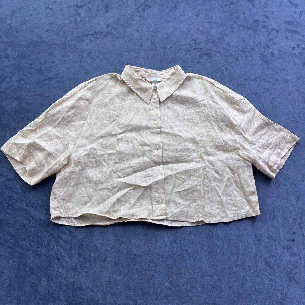 H&M Women Beige 100% Linen Short Sleeve Boxy Cropped Button Down Shirt Size M